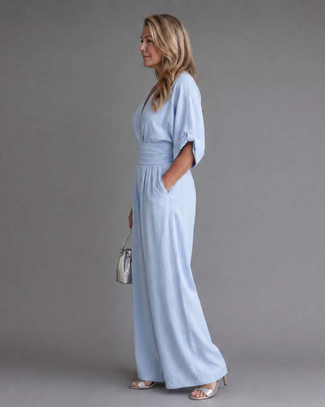 Draped V Neck Wide Leg Jumpsuit Women Relaxed Fit Casual