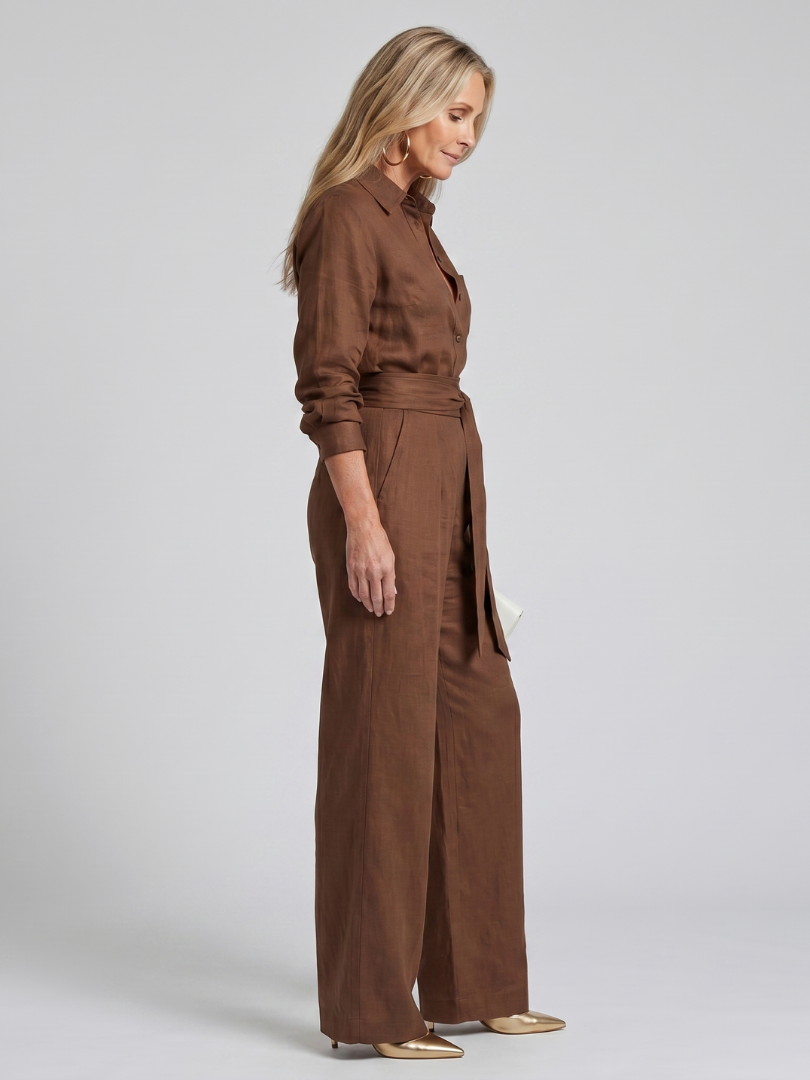 Long Sleeve Button-Front Wide Leg Jumpsuit Women Relaxed Fit Casual
