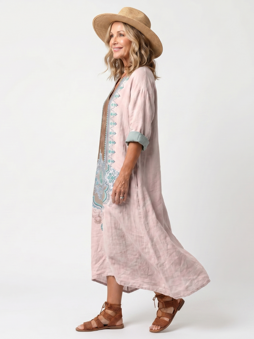 Midi Dress Women Relaxed Fit Casual Embroidered Panel Pockets