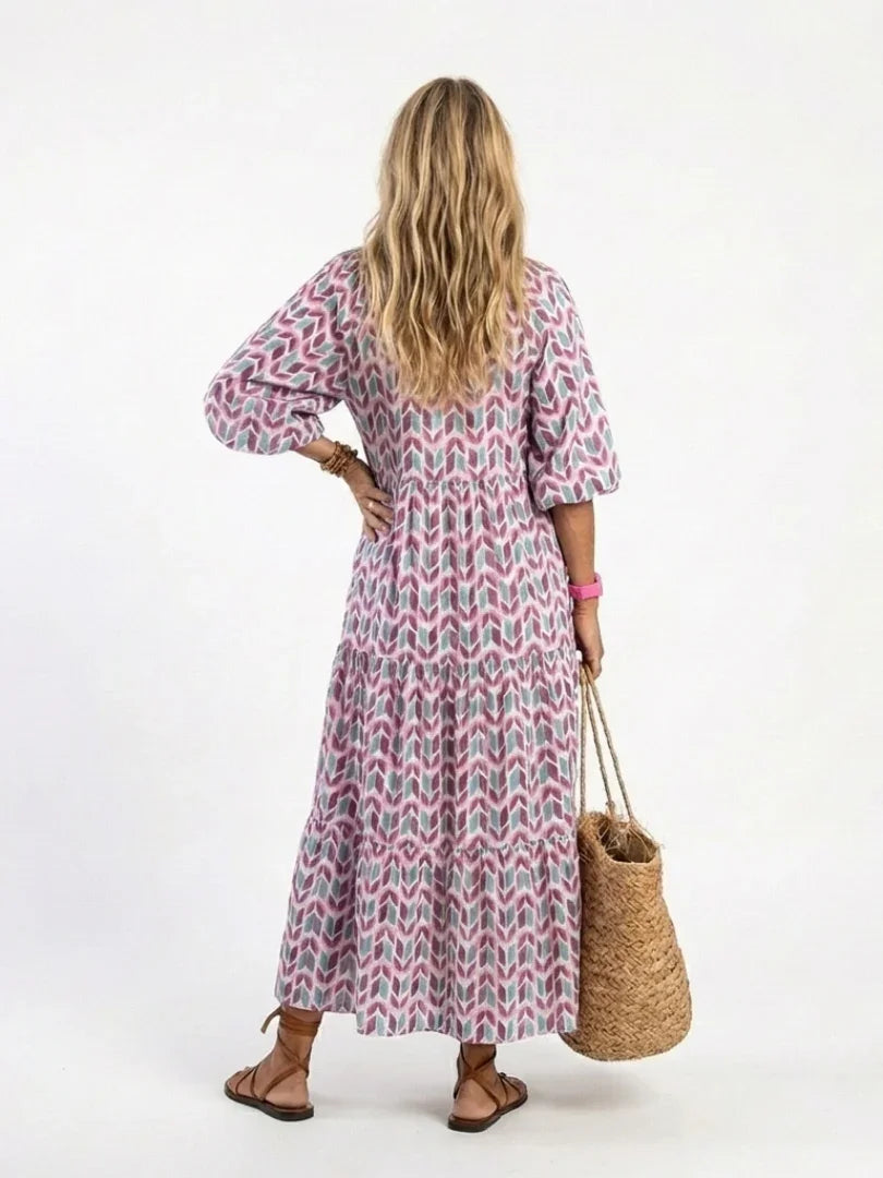 Midi Dress Women Relaxed Fit Casual Geometric Print Long Sleeve