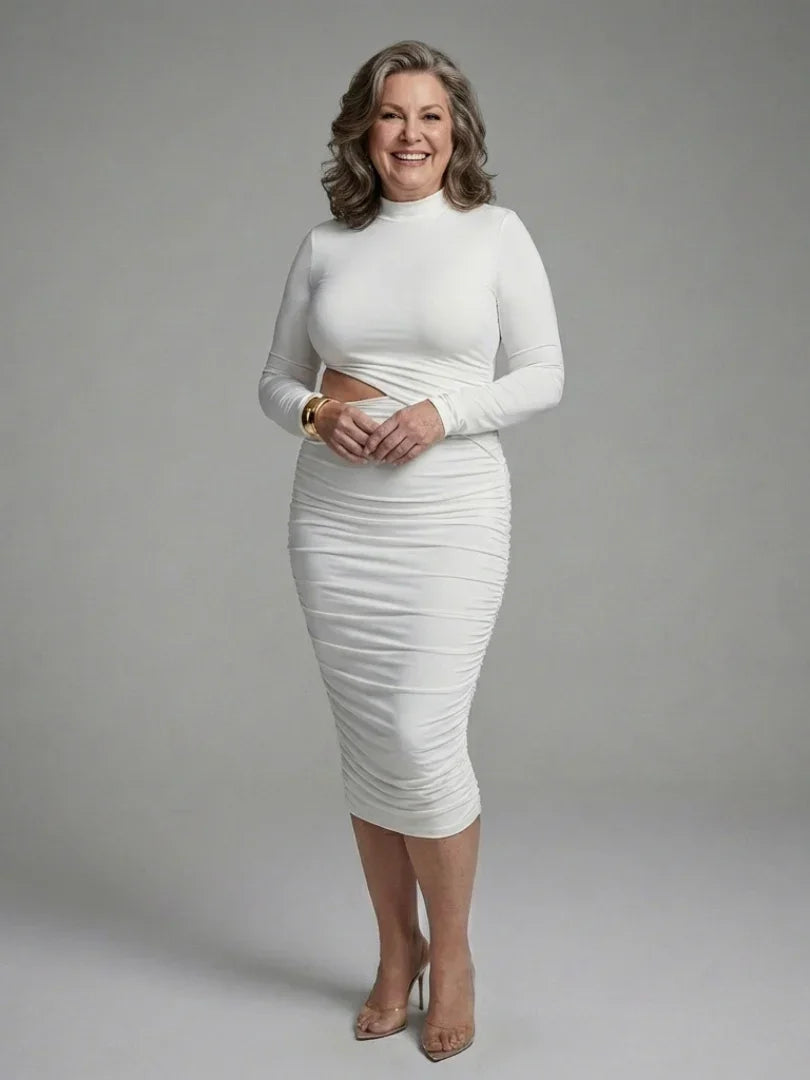 Midi Dress Women Fitted Evening Cutout Ruched Long Sleeve