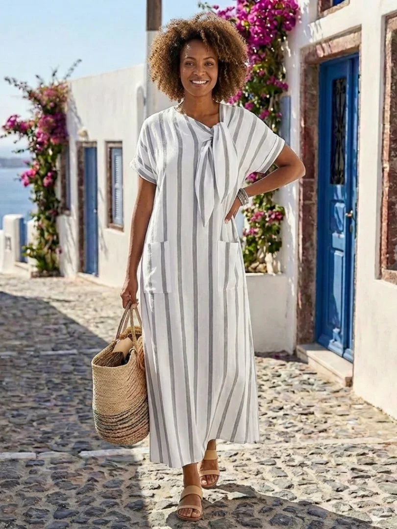 Midi Dress Women Relaxed Fit Casual Summer Striped Tie Neck