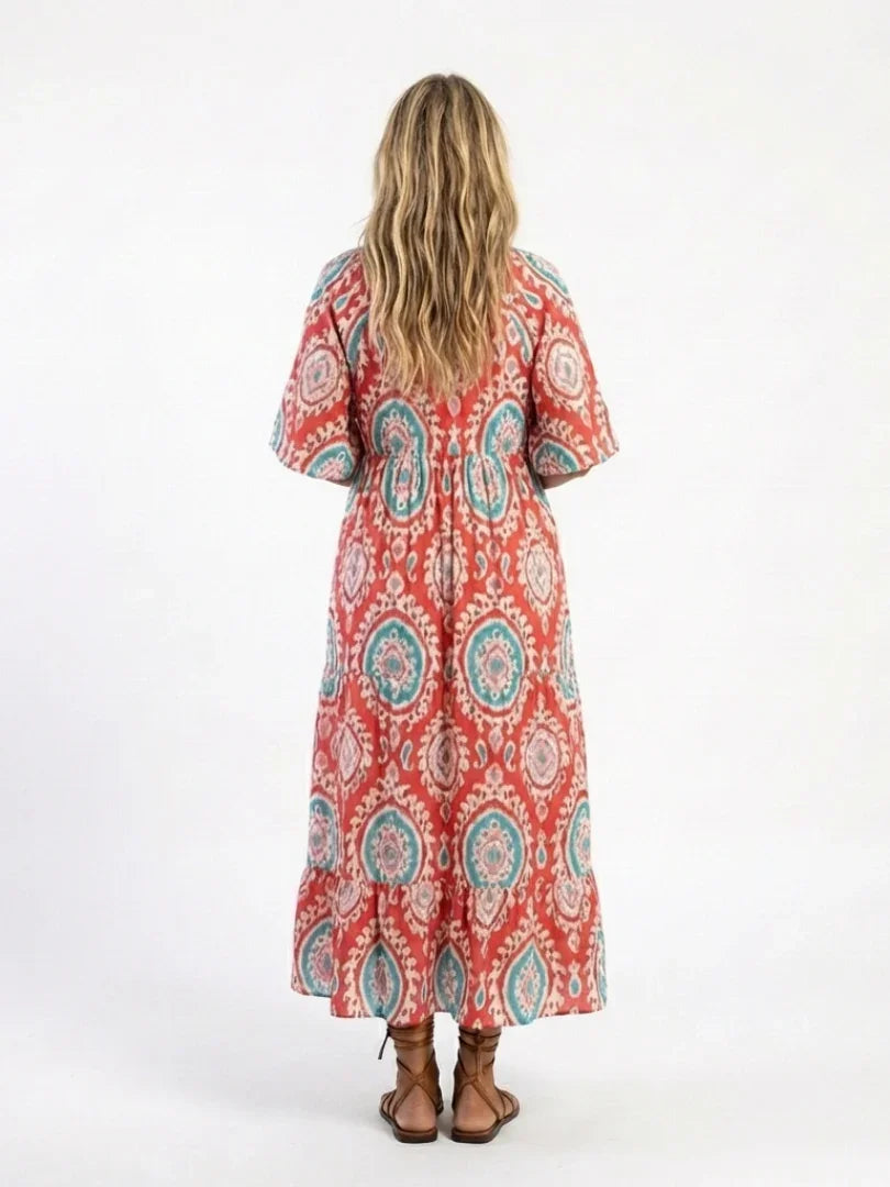 Midi Dress Women Regular Fit Casual Paisley Print V Neck Short Sleeve