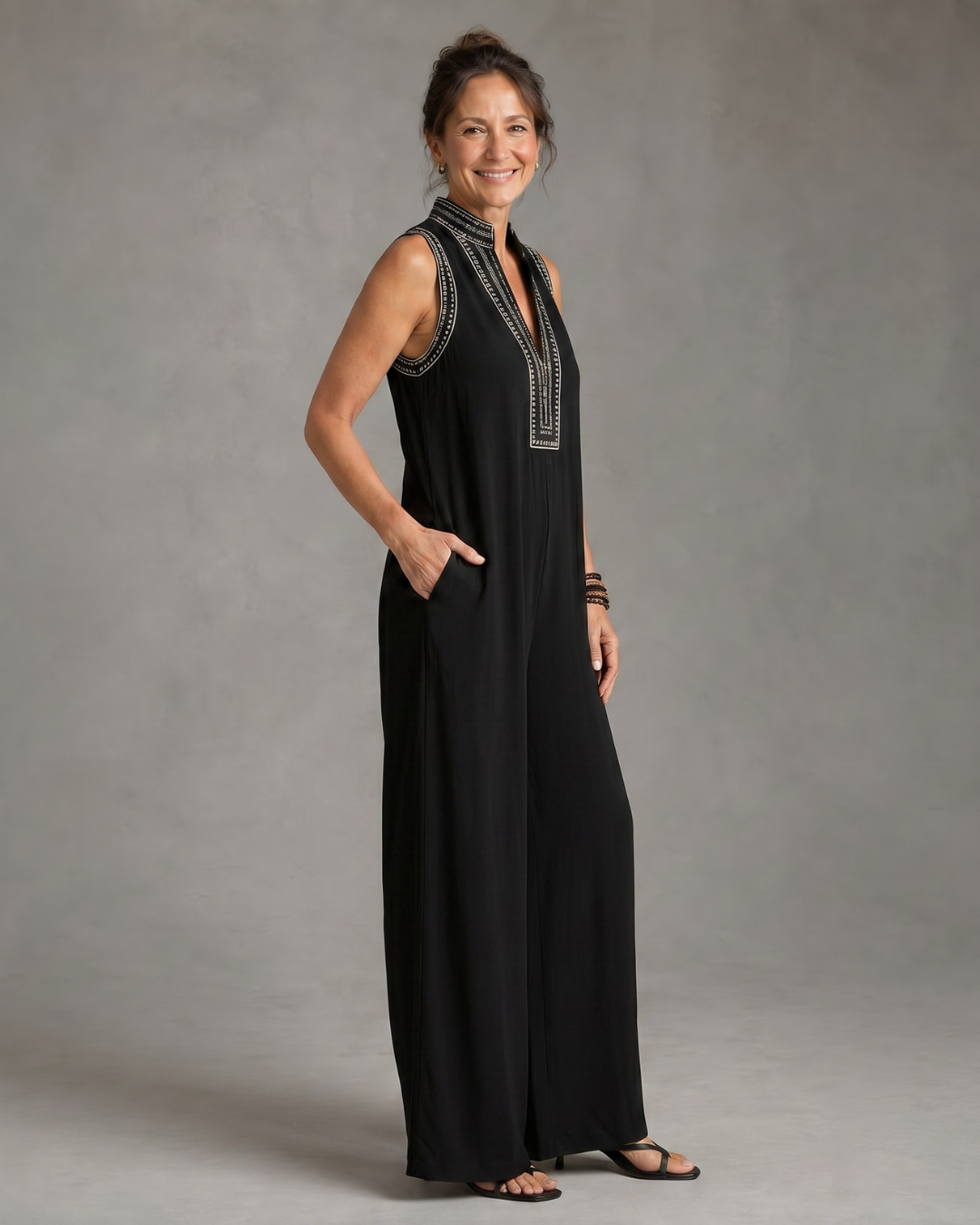 Sleeveless Embroidered V Neck Jumpsuit Women Relaxed Fit Casual