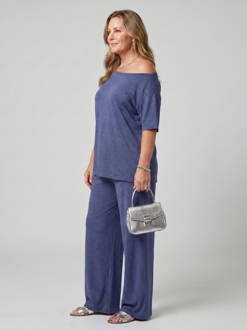 Off Shoulder Top and Wide Leg Trousers Women Relaxed Fit Casual