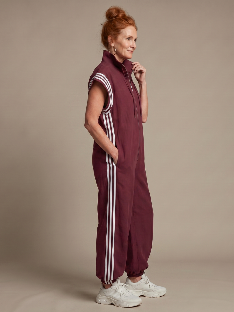 Jumpsuit Women Relaxed Fit Casual with Zip Front and Stripe Panels