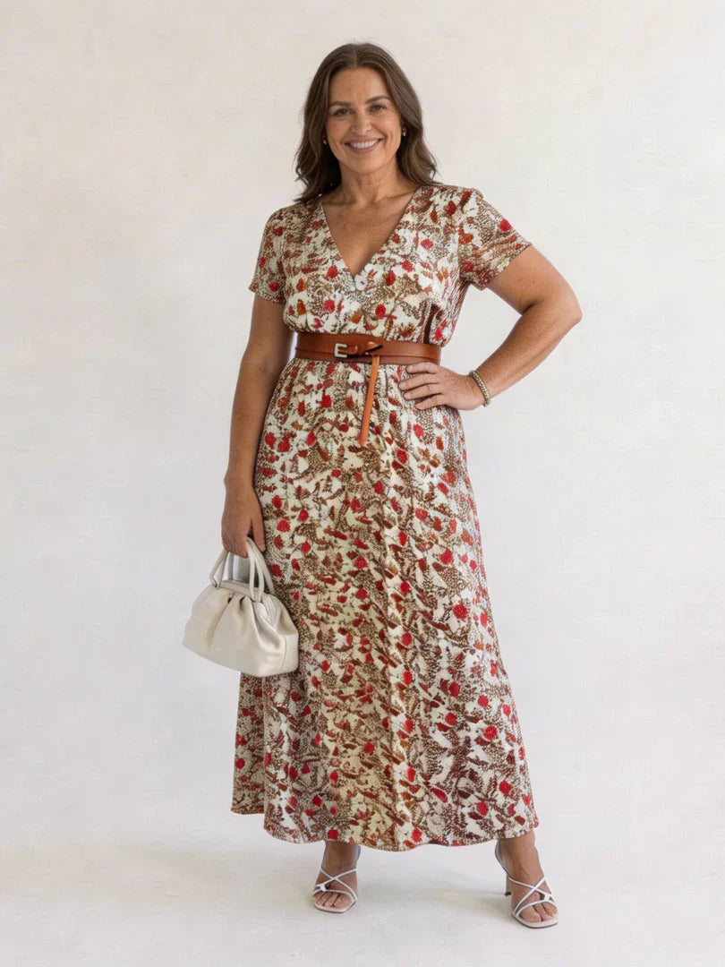 Floral V-Neck Midi Dress Women Regular Fit Casual Summer