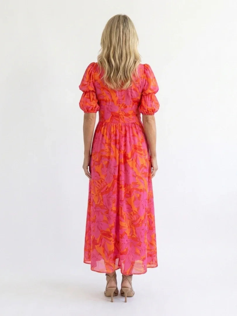 Midi Dress Women Relaxed Fit Casual Summer Floral V Neck Puff Sleeve