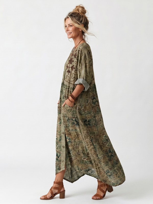 Midi Dress Women Oversized Relaxed Fit Casual Embroidered
