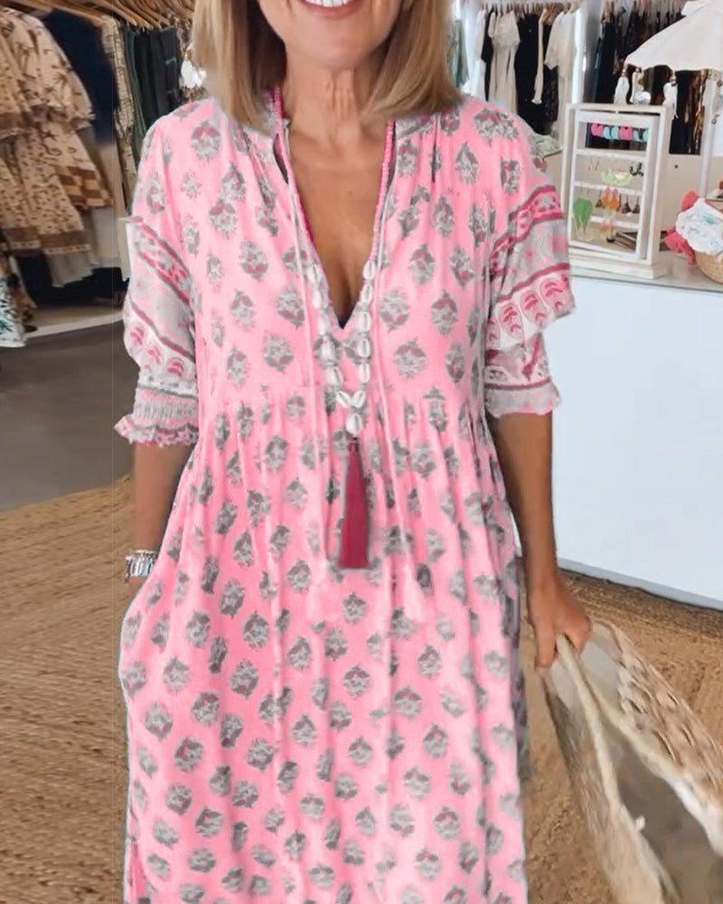 Floral V-Neck Dress Women Regular Fit Casual Summer