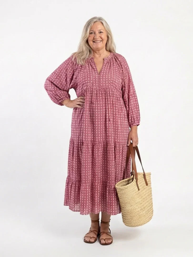 Midi Dress Women Relaxed Fit Casual Geometric Print Long Sleeve