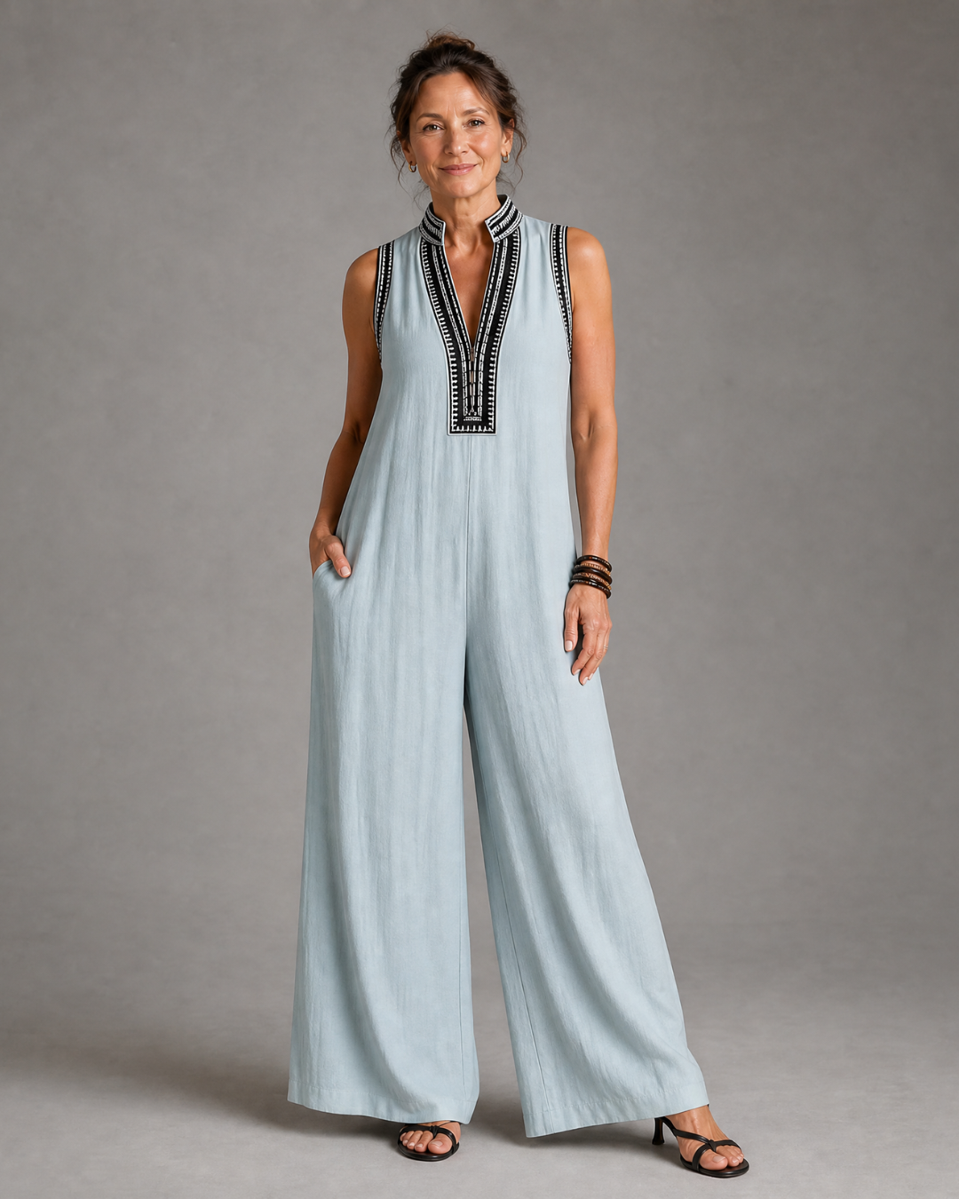 Sleeveless Embroidered V Neck Jumpsuit Women Relaxed Fit Casual