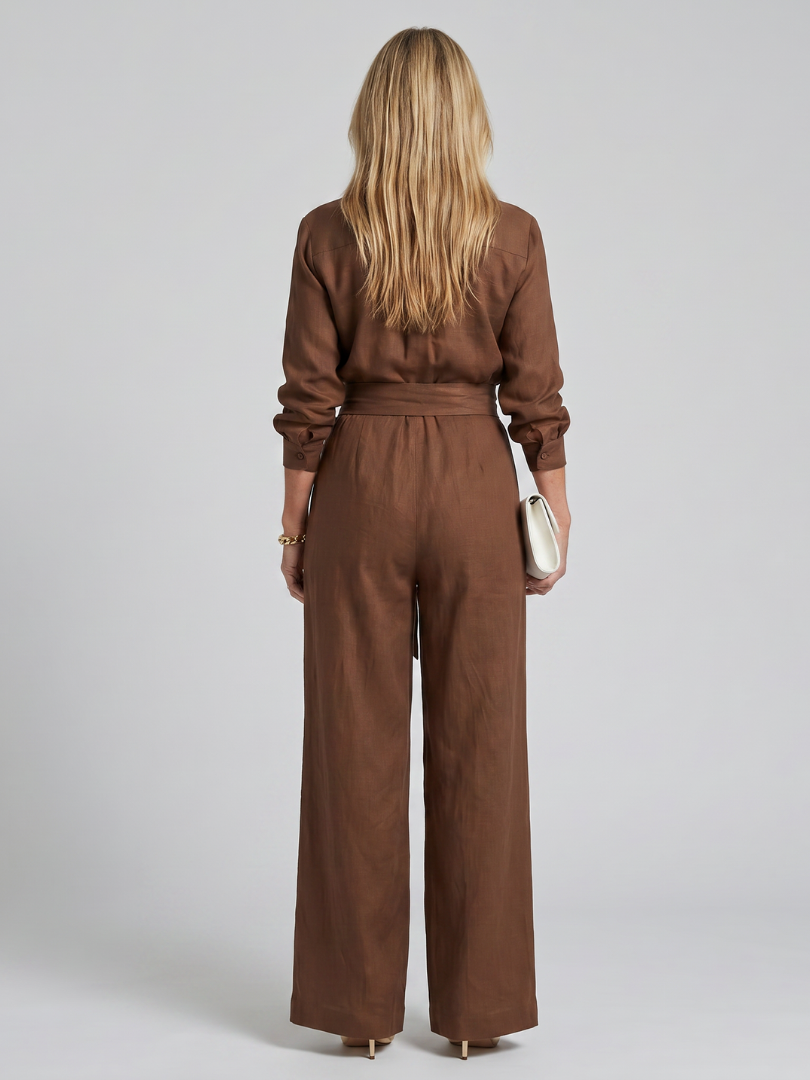 Long Sleeve Button-Front Wide Leg Jumpsuit Women Relaxed Fit Casual