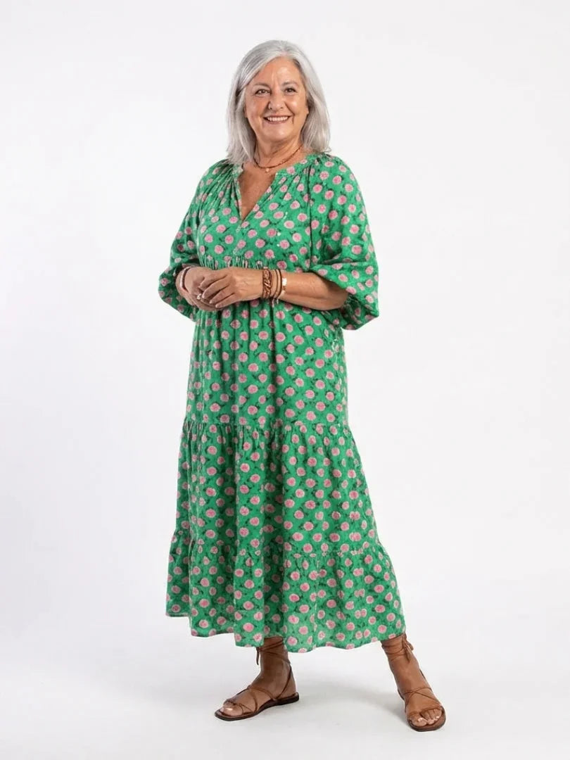 Floral Print V Neck Midi Dress Women Relaxed Fit Casual Summer
