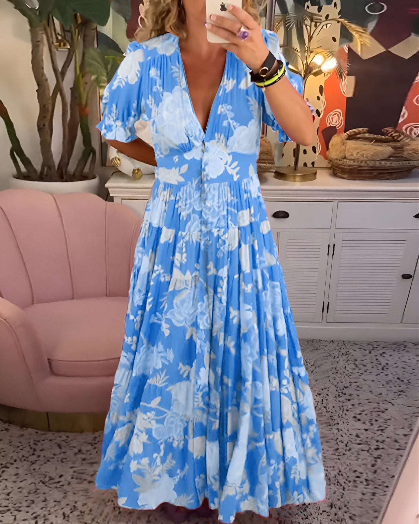 Floral Print V-Neck Dress Women Regular Fit Casual