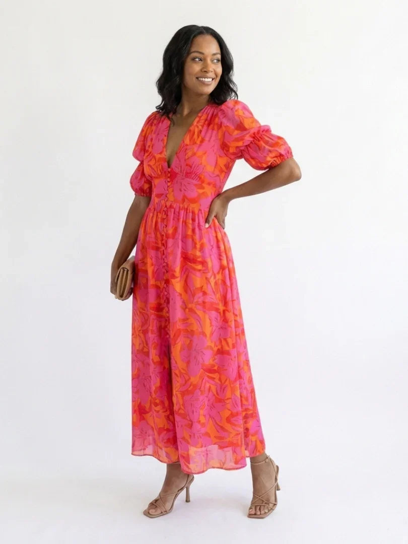 Midi Dress Women Relaxed Fit Casual Summer Floral V Neck Puff Sleeve