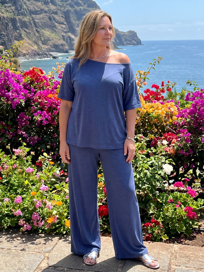 Off Shoulder Top and Wide Leg Trousers Women Relaxed Fit Casual