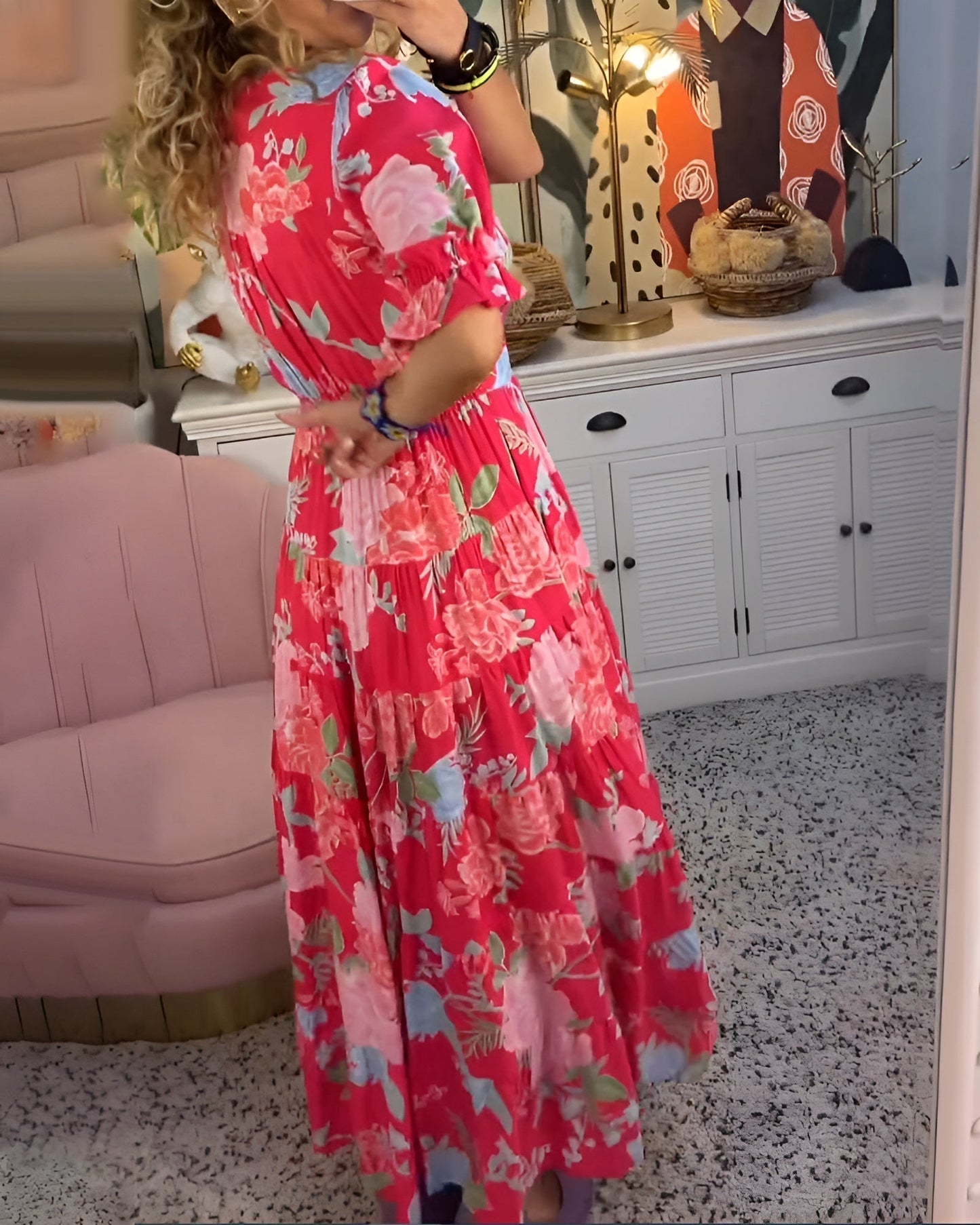 Floral Print V-Neck Dress Women Regular Fit Casual