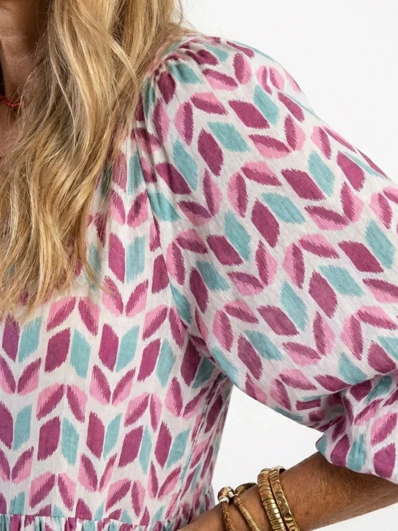Midi Dress Women Relaxed Fit Casual Geometric Print Long Sleeve