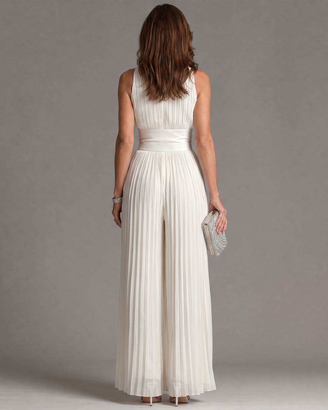 Pleated Halter Neck Wide Leg Jumpsuit Women Fitted Casual
