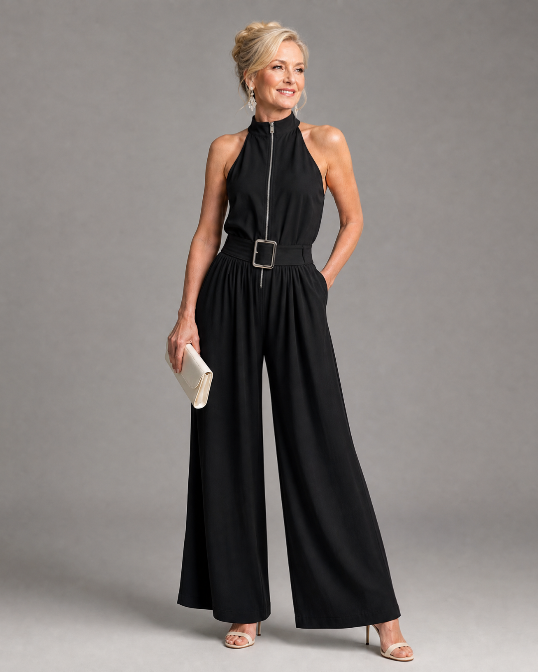 Sleeveless High Neck Wide Leg Jumpsuit Women Relaxed Fit Casual