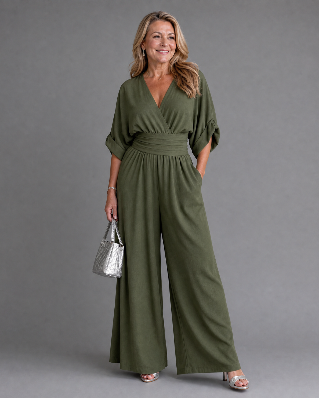 Draped V Neck Wide Leg Jumpsuit Women Relaxed Fit Casual