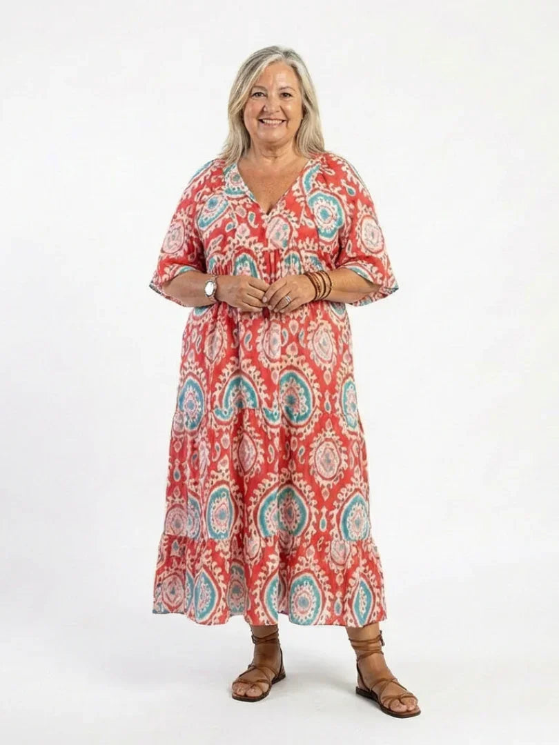 Midi Dress Women Regular Fit Casual Paisley Print V Neck Short Sleeve