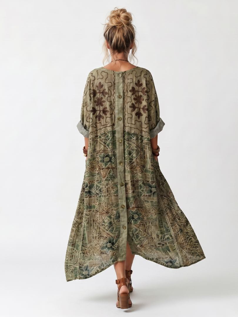 Midi Dress Women Oversized Relaxed Fit Casual Embroidered