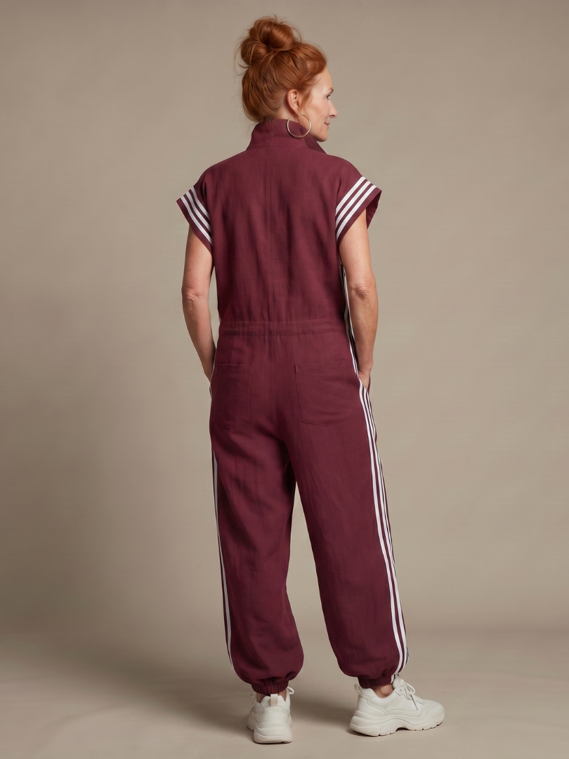 Jumpsuit Women Relaxed Fit Casual with Zip Front and Stripe Panels