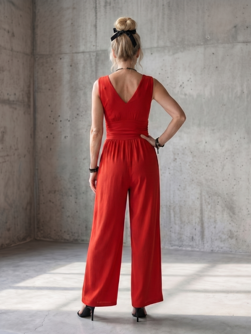 Wide Leg Jumpsuit Women Defined Waist Deep V Neck
