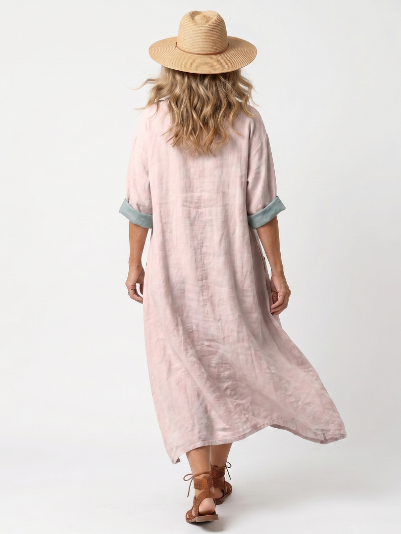 Midi Dress Women Relaxed Fit Casual Embroidered Panel Pockets