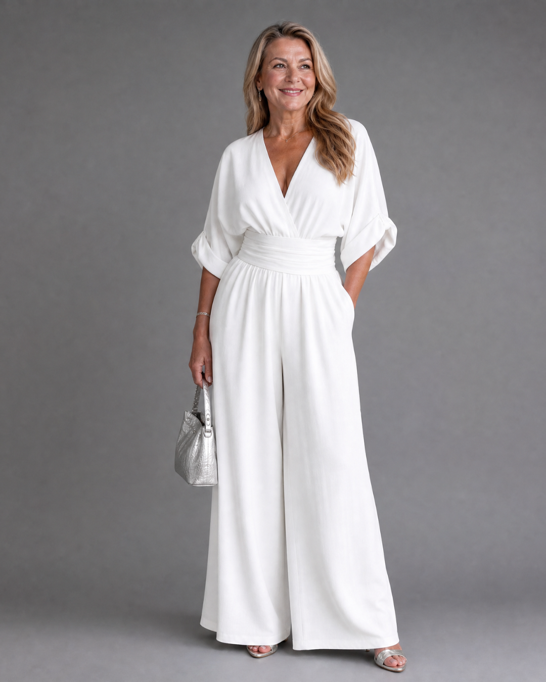 Draped V Neck Wide Leg Jumpsuit Women Relaxed Fit Casual