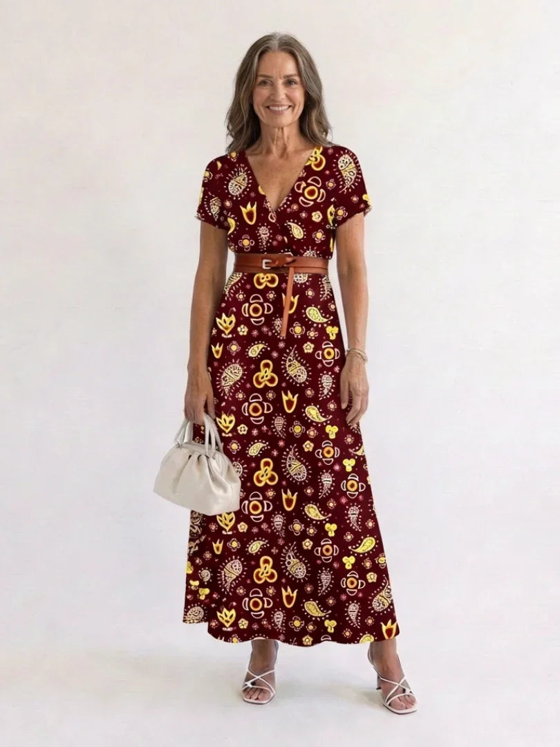 Floral V-Neck Midi Dress Women Regular Fit Casual Summer
