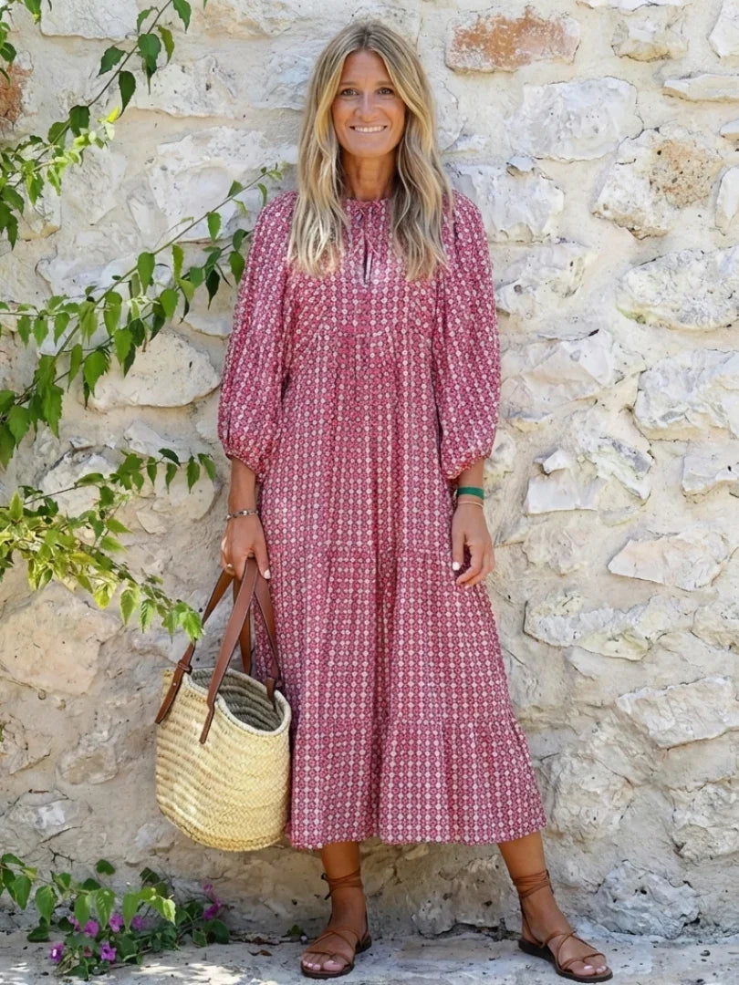 Midi Dress Women Relaxed Fit Casual Geometric Print Long Sleeve