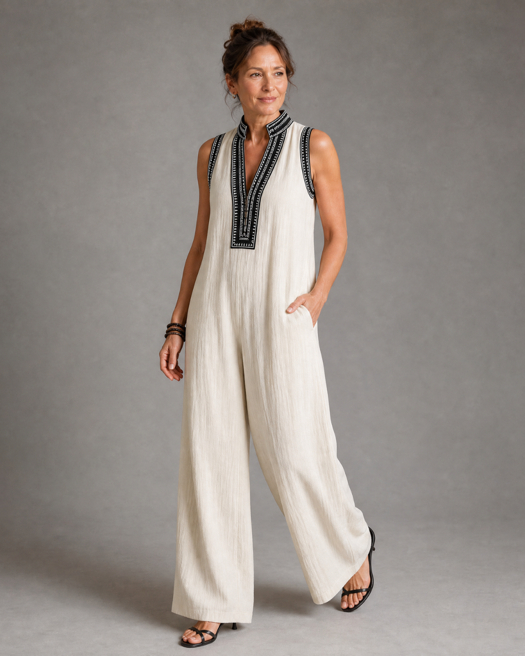 Sleeveless Embroidered V Neck Jumpsuit Women Relaxed Fit Casual
