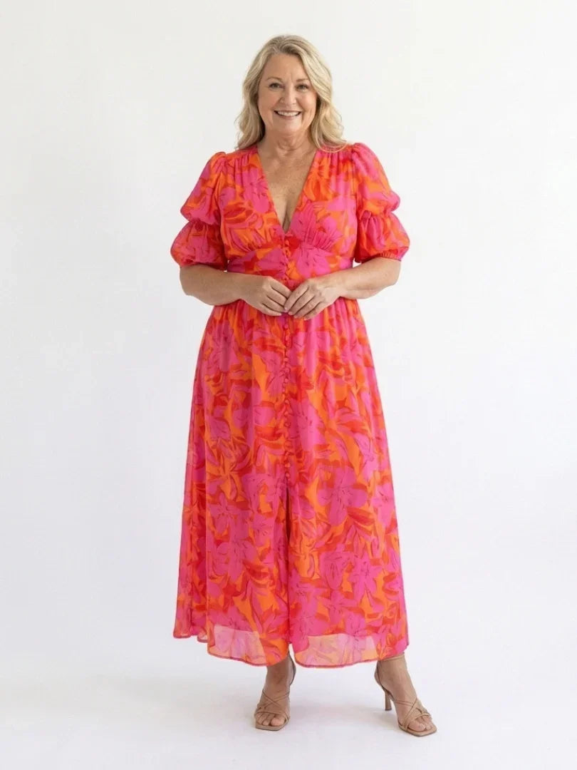 Midi Dress Women Relaxed Fit Casual Summer Floral V Neck Puff Sleeve
