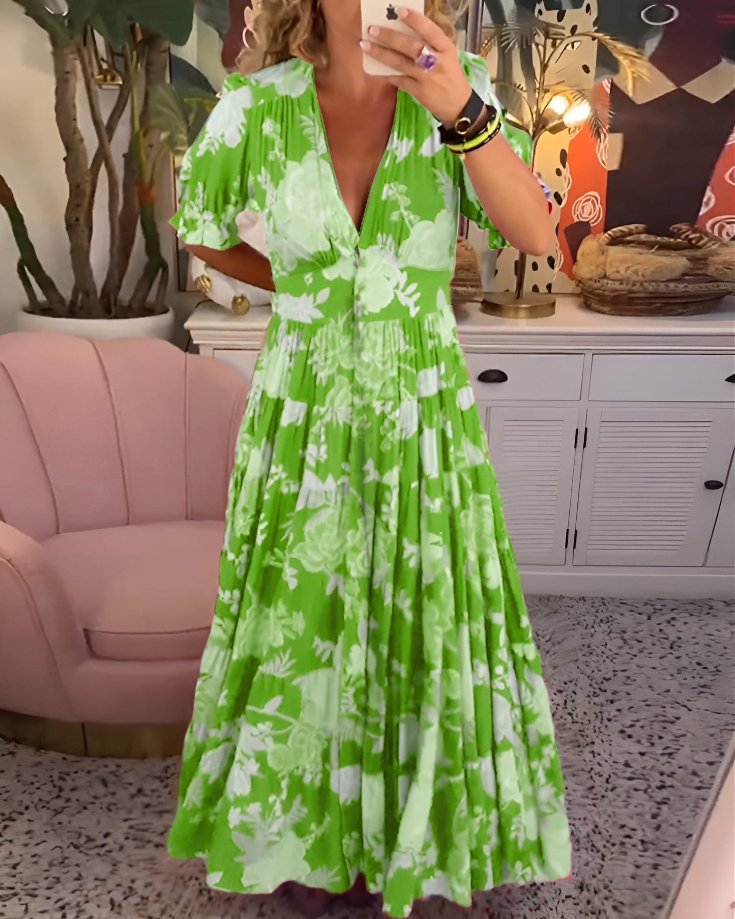 Floral Print V-Neck Dress Women Regular Fit Casual
