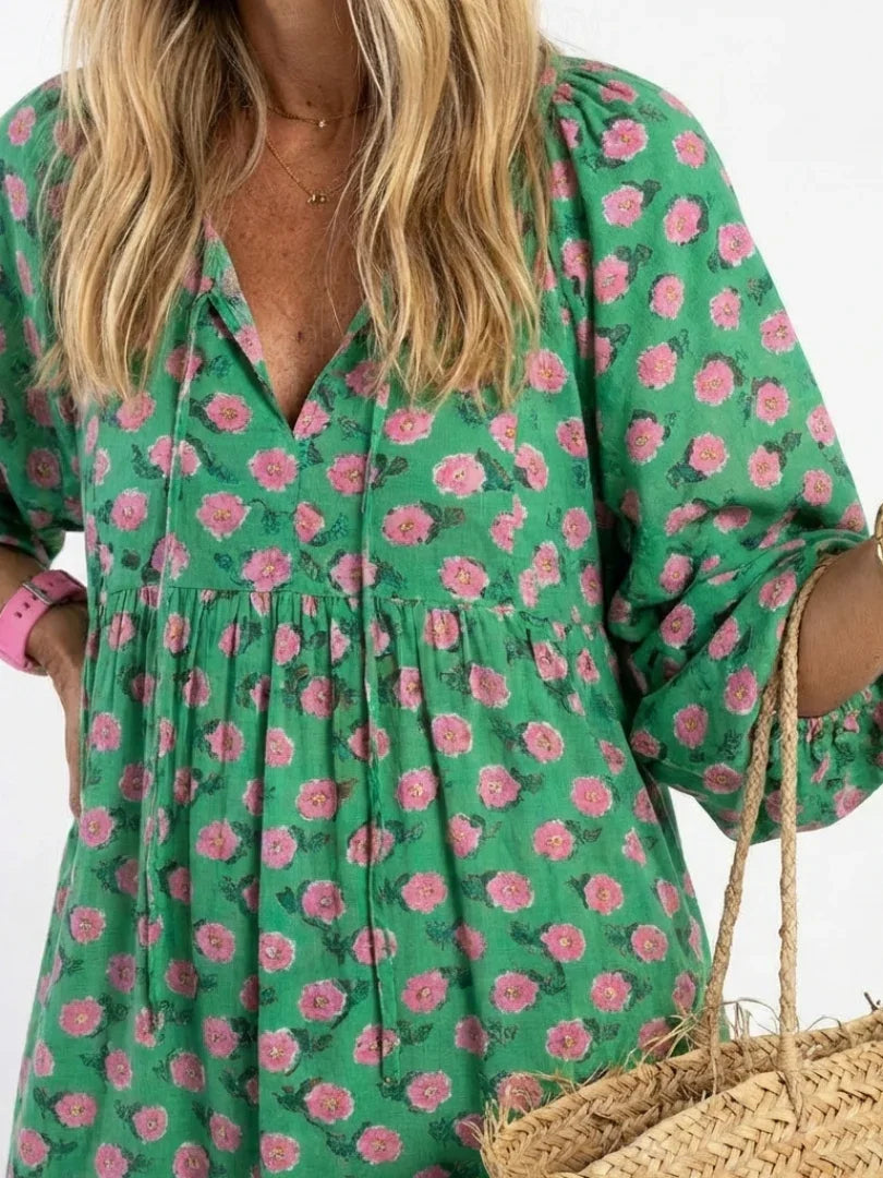 Floral Print V Neck Midi Dress Women Relaxed Fit Casual Summer