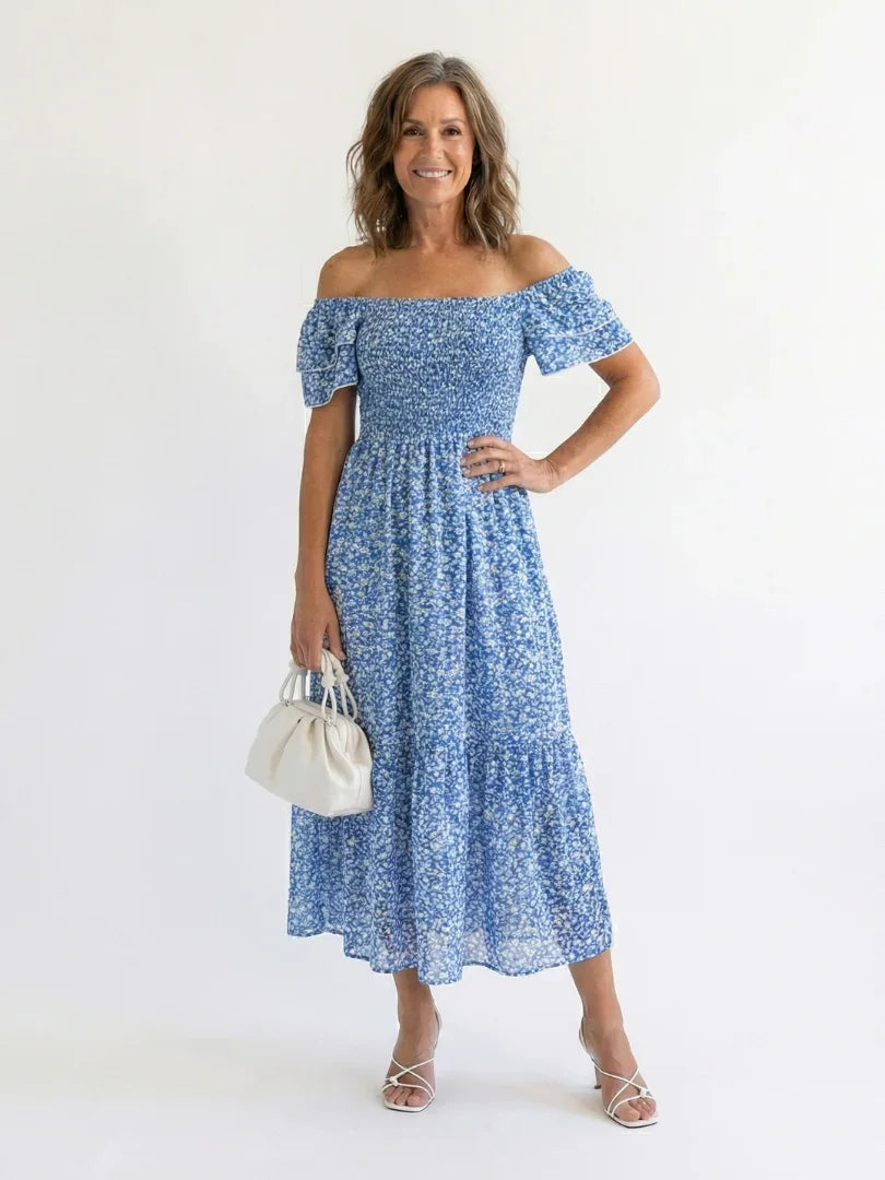 Off Shoulder Floral Midi Dress Women Relaxed Fit Casual Summer