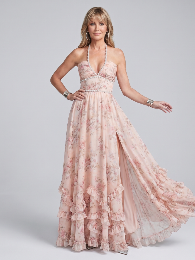 Maxi Dress Women Fitted Bodice Halter Neck Summer Casual