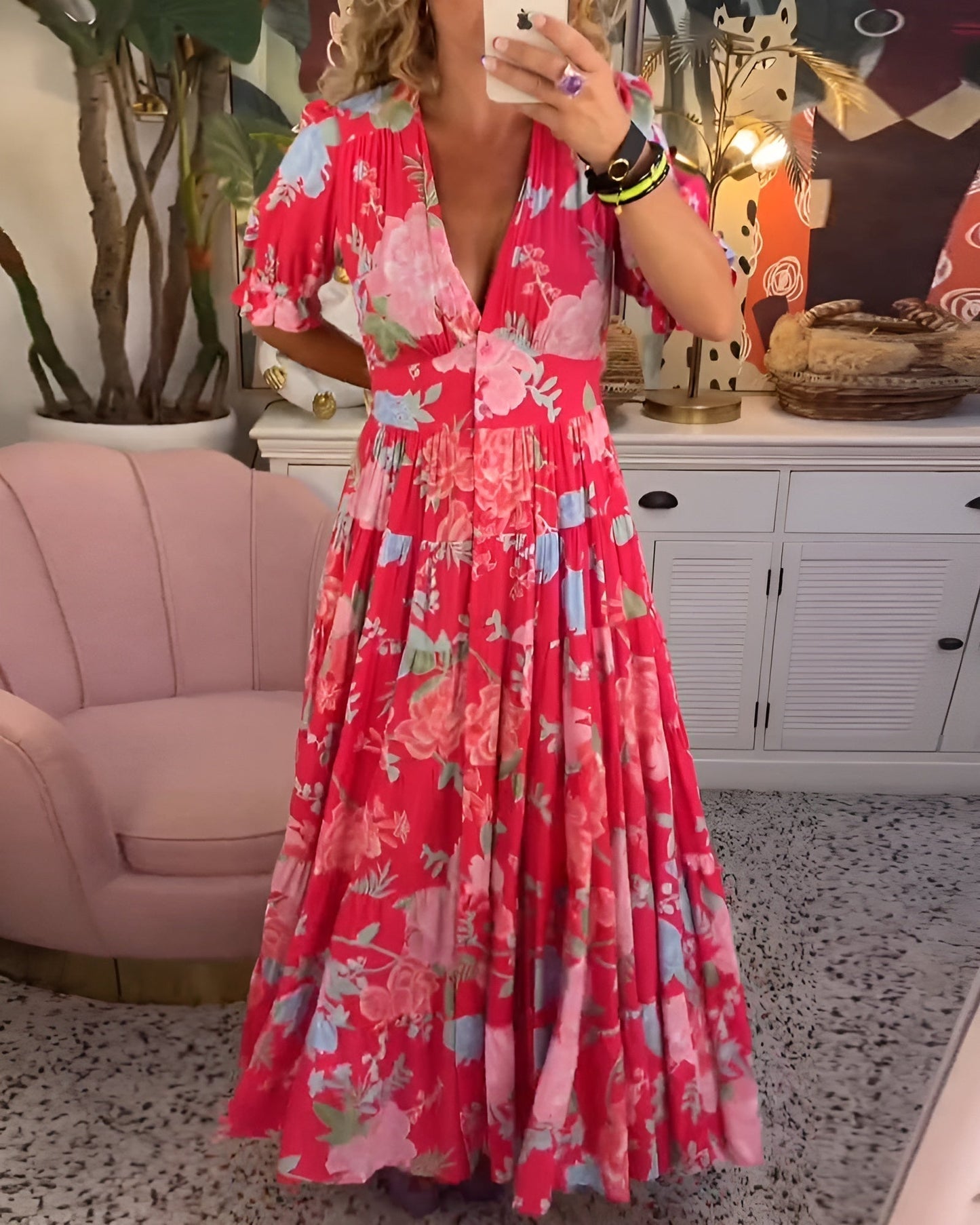 Floral Print V-Neck Dress Women Regular Fit Casual