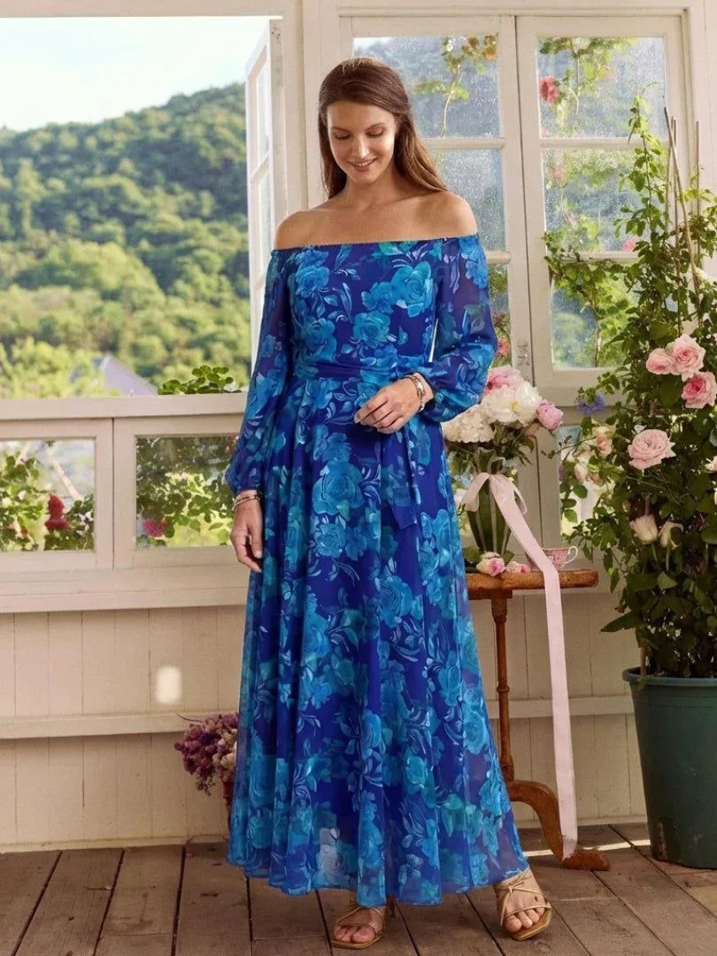 Off Shoulder Floral Maxi Dress Women Relaxed Fit Casual Summer