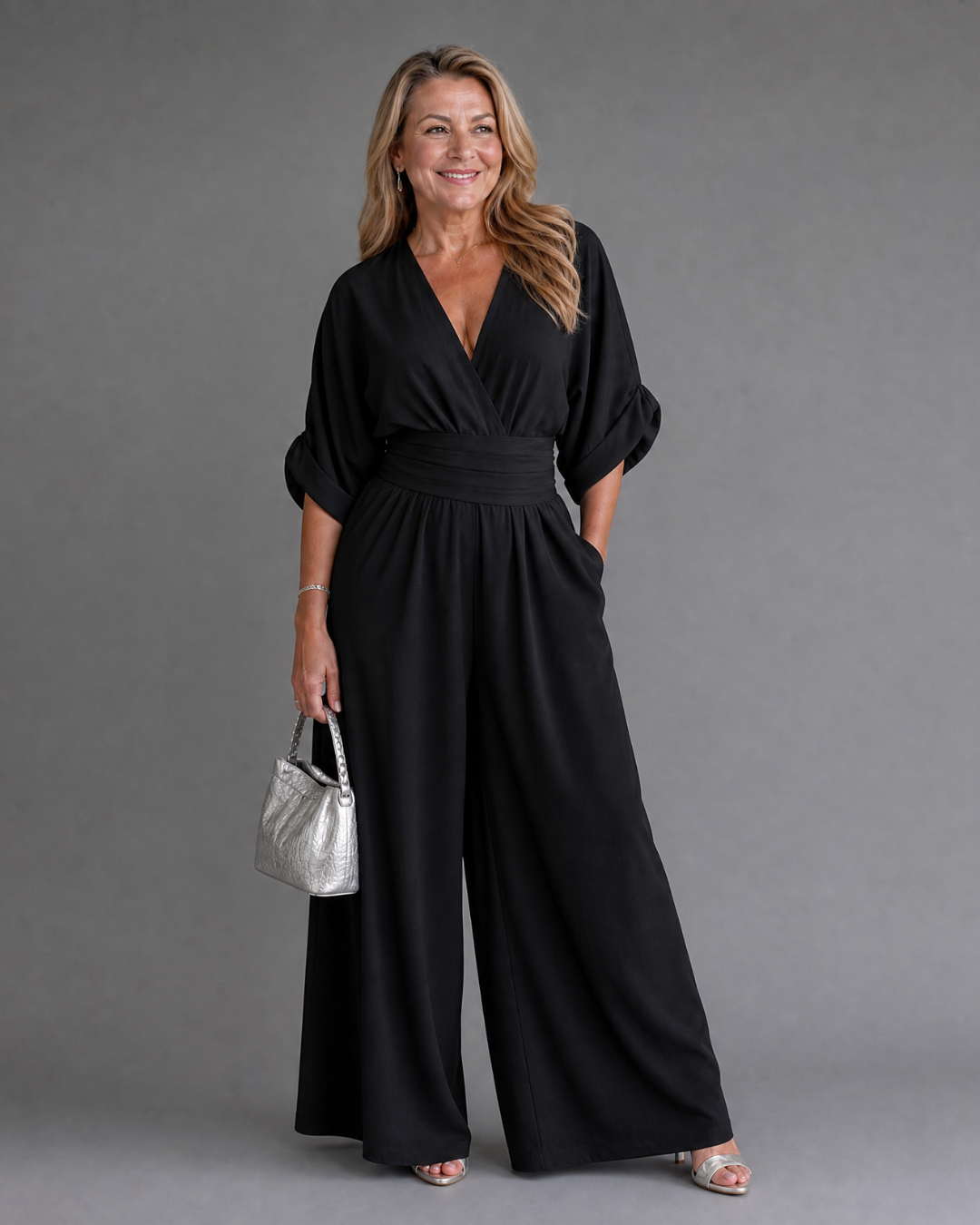 Draped V Neck Wide Leg Jumpsuit Women Relaxed Fit Casual