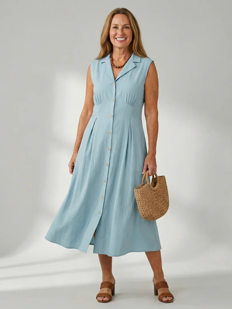 Sleeveless Button-Front Midi Dress Women Defined Waist Casual