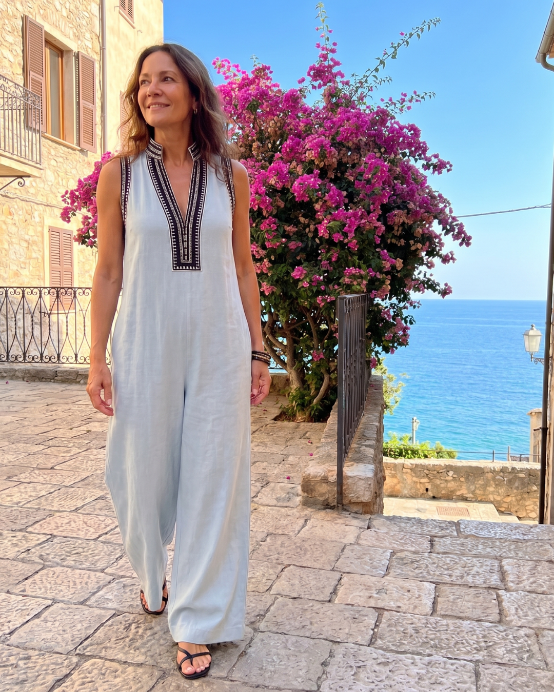 Sleeveless Embroidered V Neck Jumpsuit Women Relaxed Fit Casual