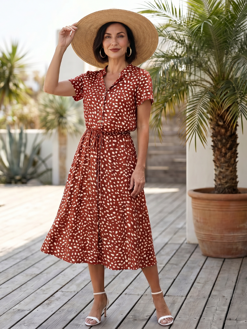Midi Dress Women Relaxed Fit Casual Printed Button Front Belted