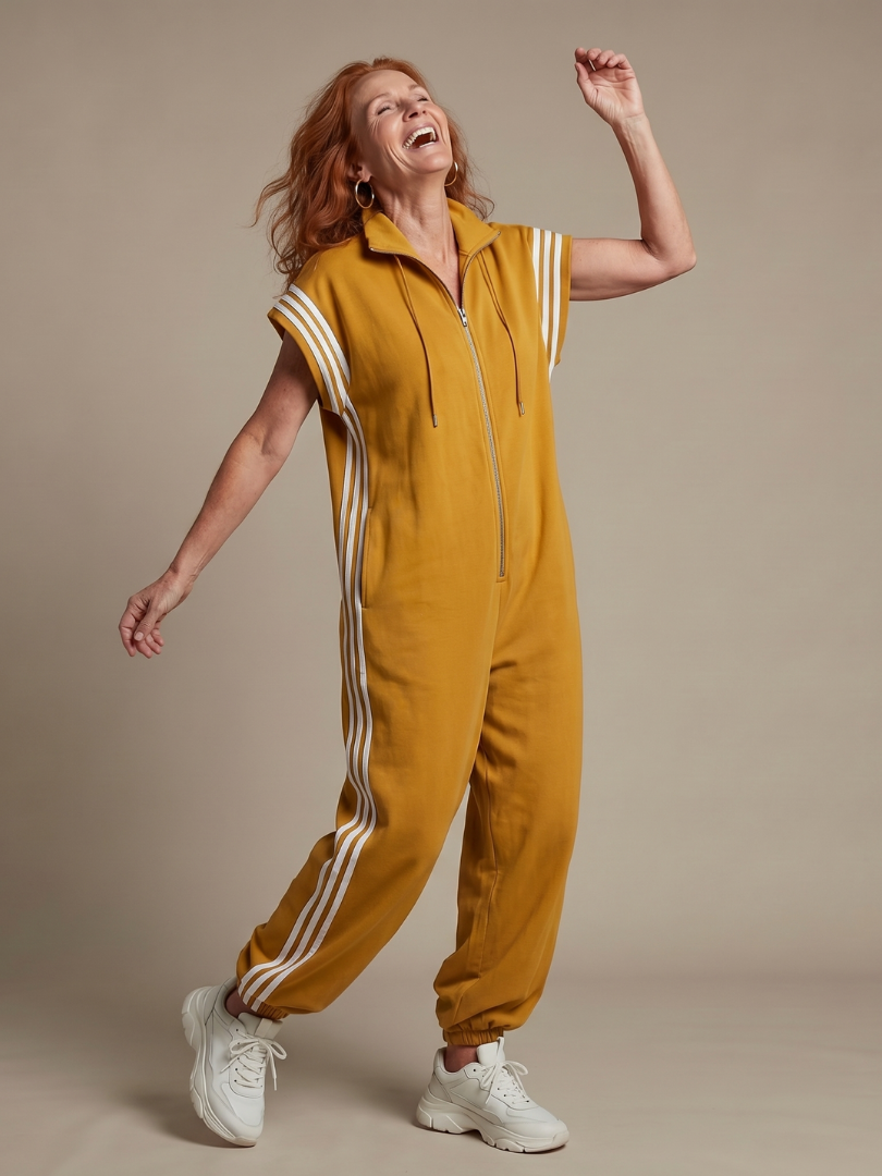 Jumpsuit Women Relaxed Fit Casual with Zip Front and Stripe Panels
