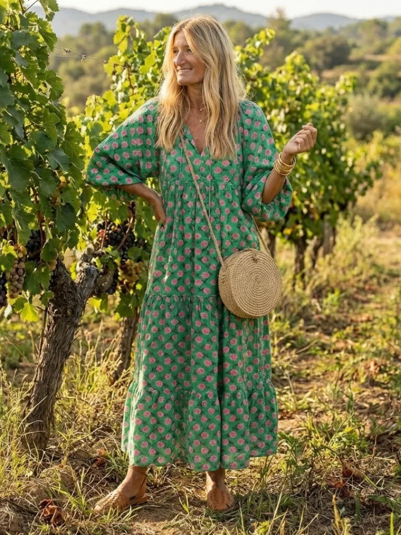Floral Print V Neck Midi Dress Women Relaxed Fit Casual Summer
