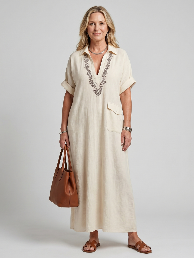 Midi Dress Women Relaxed Fit Casual Embroidered Detail