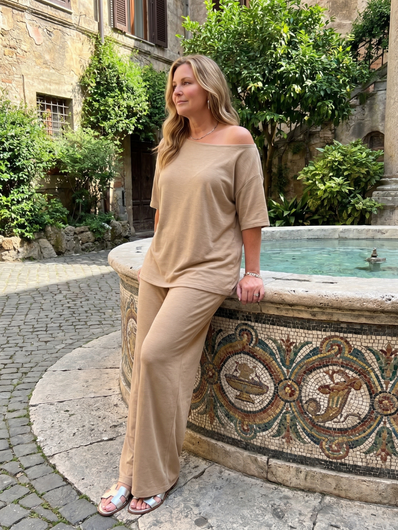 Off Shoulder Top and Wide Leg Trousers Women Relaxed Fit Casual